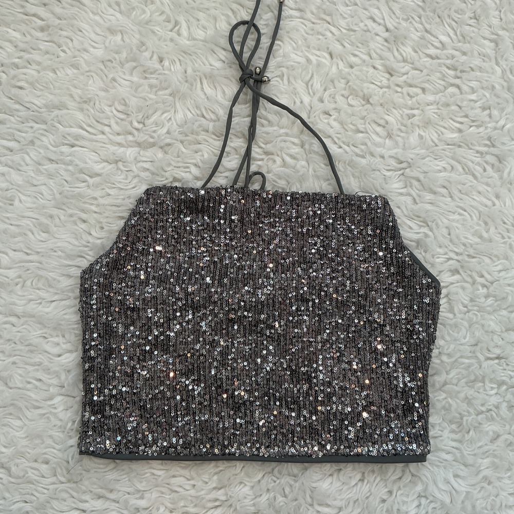 Molly Green Sparkle Crop Top Womens Medium Silver New Sequin Halter Tie Back‎